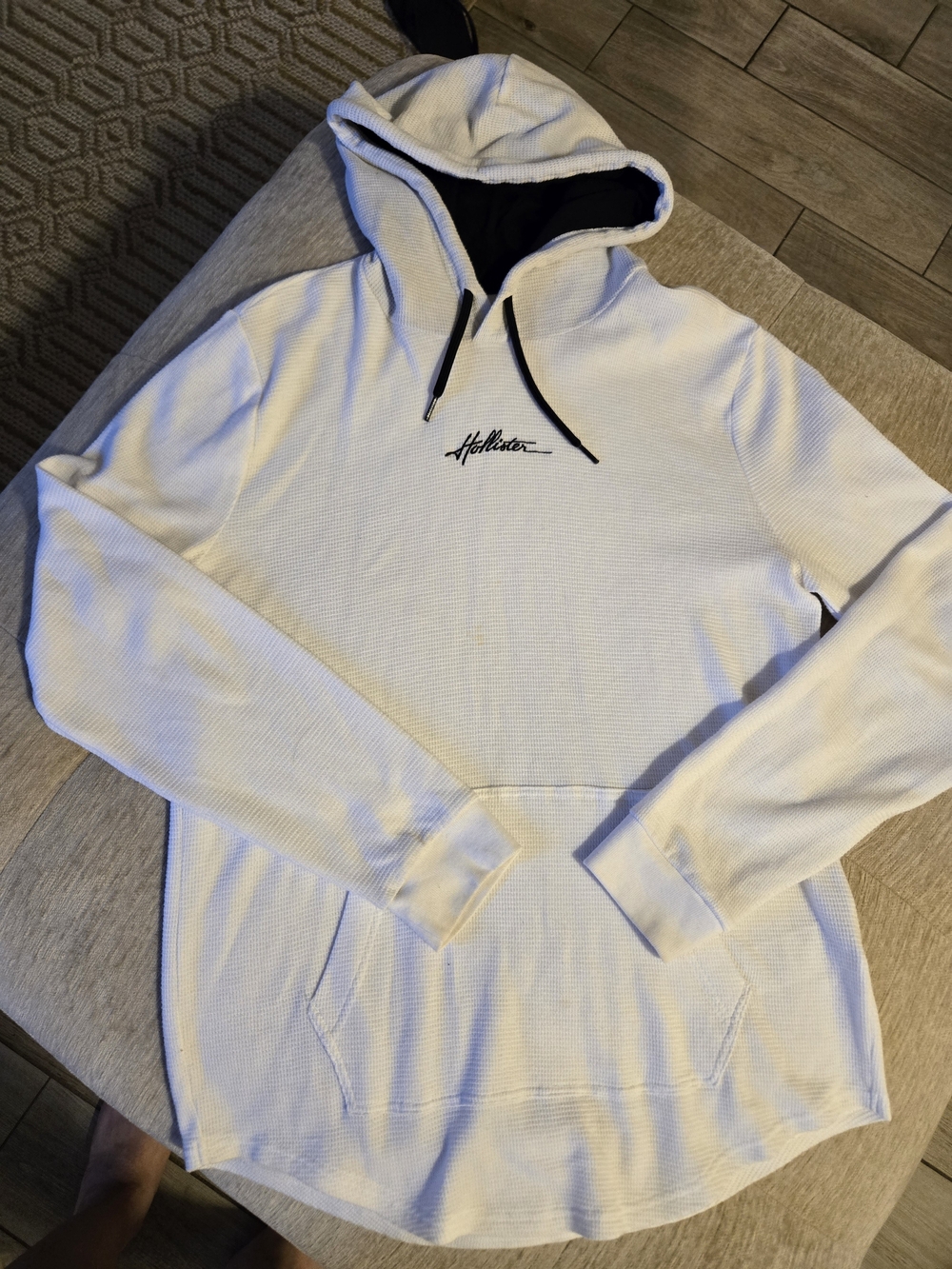 Hollister Cream Waffle-Knit Hooded Pullover with Black Lining